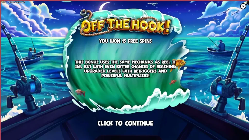 Tampilan layar permainan slot Marlin Masters OG dengan tema memancing di laut lepas.