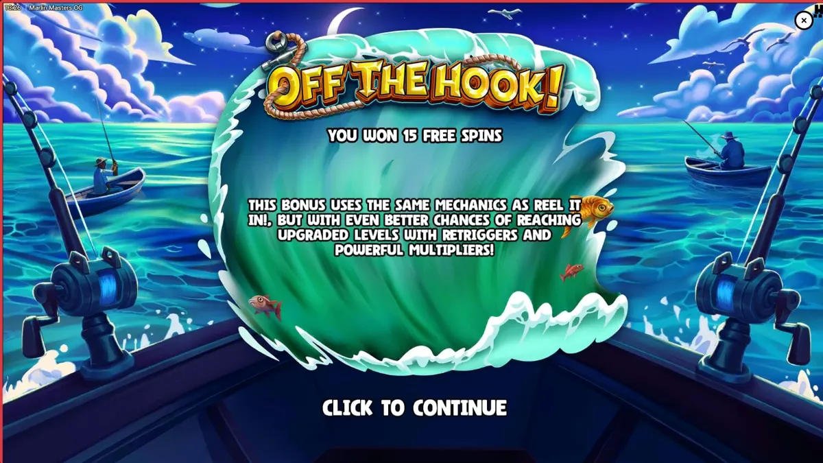 Tampilan layar permainan slot Marlin Masters OG dengan tema memancing di laut lepas.