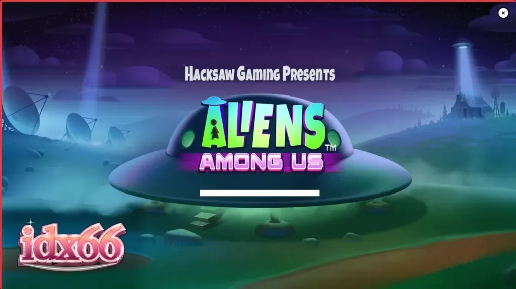 Tampilan visual slot Aliens Among Us dengan tema invasi alien dan agen FBI